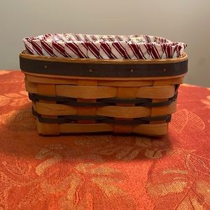 1996 Longaberger square navy striped basket,red ticking fabric and plastic liner